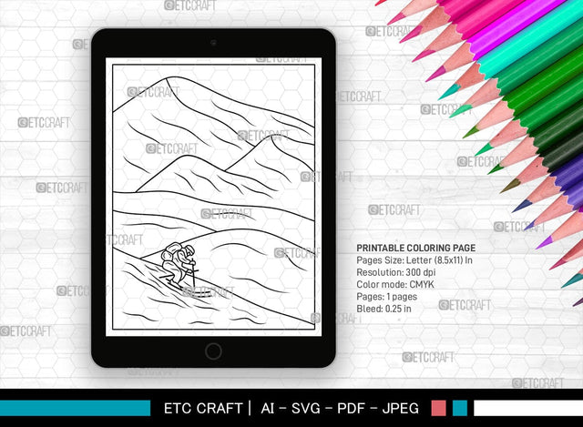 Mountain With Ski Man Printable Coloring Page, PDF Colouring Book, Instant Download, CBP00009 SVG ETC Craft 
