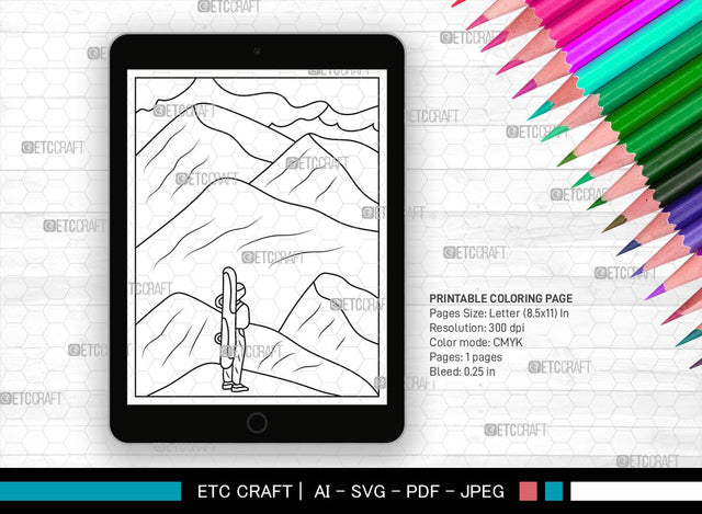 Mountain With Ski Man Printable Coloring Page, PDF Colouring Book, Instant Download, CBP00009 SVG ETC Craft 