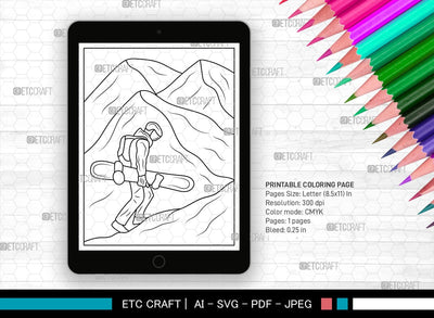 Mountain With Ski Man Printable Coloring Page, PDF Colouring Book, Instant Download, CBP00009 SVG ETC Craft 