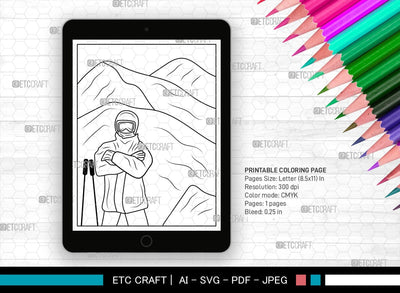 Mountain With Ski Man Printable Coloring Page, PDF Colouring Book, Instant Download, CBP00009 SVG ETC Craft 