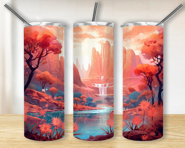 Mountains And A Waterfall Flowering Trees 20oz Skinny Tumbler Png, Hiking Flowers Mountains Tumbler, Mountain Stream Sunset Tumbler, Mountain Sunset Tumbler Sublimation BouDesign 