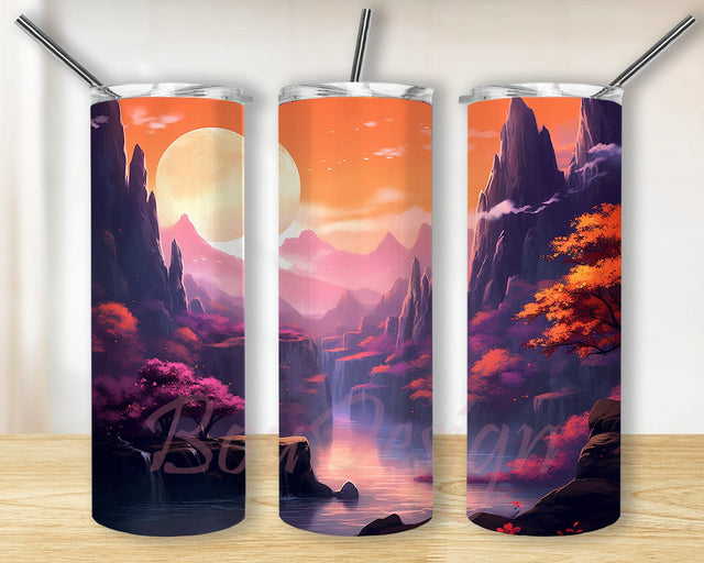 Mountains And A Waterfall Flowering Trees 20oz Skinny Tumbler Png, Hiking Flowers Mountains Tumbler, Mountain Stream Sunset Tumbler, Mountain Sunset Tumbler Sublimation BouDesign 