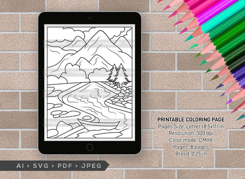 Mountains And River Printable Coloring Page Bundle, PDF Colouring Book, Instant Download, CBP00001 SVG ETC Craft 