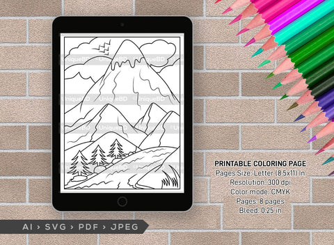 Mountains And River Printable Coloring Page Bundle, PDF Colouring Book, Instant Download, CBP00001 SVG ETC Craft 
