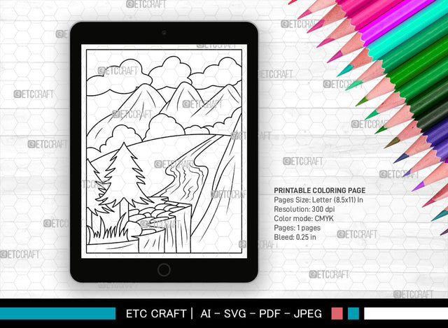 Mountains And River Printable Coloring Page Bundle, PDF Colouring Book, Instant Download, CBP00001 SVG ETC Craft 