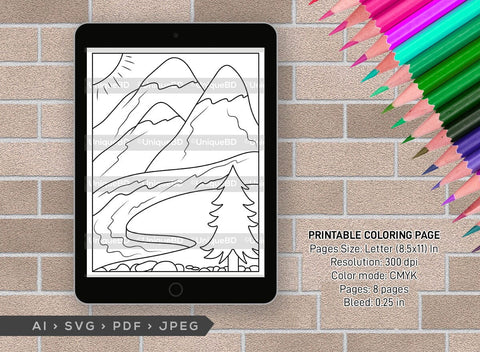 Mountains And River Printable Coloring Page Bundle, PDF Colouring Book, Instant Download, CBP00001 SVG ETC Craft 