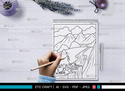 Mountains And River Printable Coloring Page Bundle, PDF Colouring Book, Instant Download, CBP00001 SVG ETC Craft 