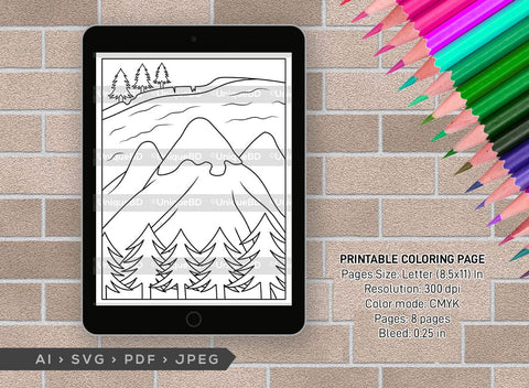 Mountains And River Printable Coloring Page Bundle, PDF Colouring Book, Instant Download, CBP00001 SVG ETC Craft 