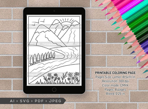 Mountains And River Printable Coloring Page Bundle, PDF Colouring Book, Instant Download, CBP00001 SVG ETC Craft 