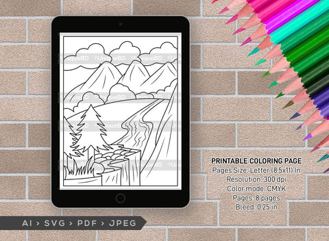 Mountains And River Printable Coloring Page Bundle, PDF Colouring Book, Instant Download, CBP00001 SVG ETC Craft 
