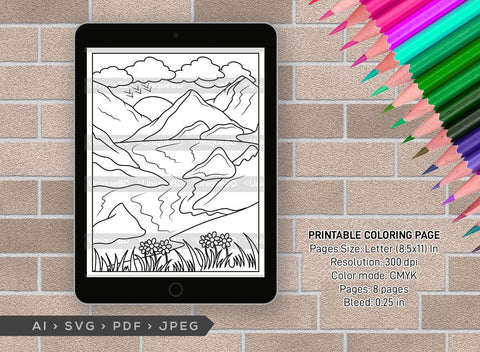 Mountains And River Printable Coloring Page Bundle, PDF Colouring Book, Instant Download, CBP00001 SVG ETC Craft 