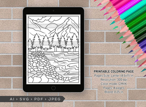 Mountains And River Printable Coloring Page Bundle, PDF Colouring Book, Instant Download, CBP00001 SVG ETC Craft 