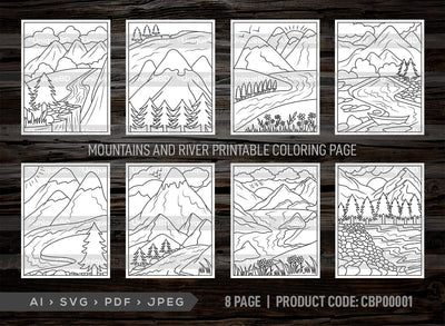 Mountains And River Printable Coloring Page Bundle, PDF Colouring Book, Instant Download, CBP00001 SVG ETC Craft 