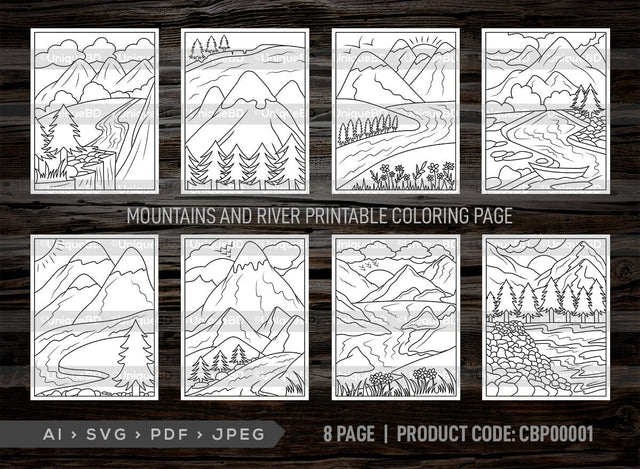 Mountains And River Printable Coloring Page Bundle, PDF Colouring Book, Instant Download, CBP00001 SVG ETC Craft 