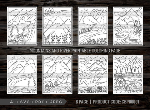 Mountains And River Printable Coloring Page Bundle, PDF Colouring Book, Instant Download, CBP00001 SVG ETC Craft 