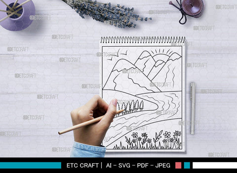 Mountains And River Printable Coloring Page, PDF Colouring Book, Instant Download, CBP00001 SVG ETC Craft 