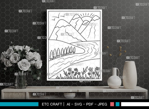Mountains And River Printable Coloring Page, PDF Colouring Book, Instant Download, CBP00001 SVG ETC Craft 
