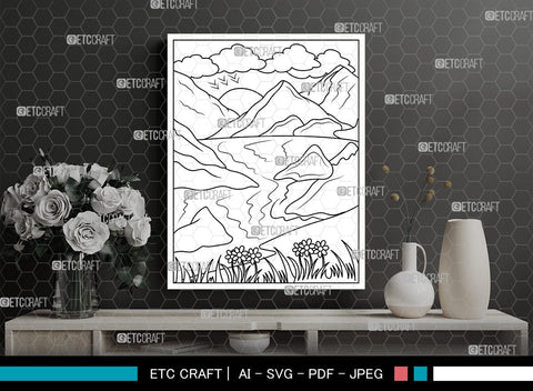 Mountains And River Printable Coloring Page, PDF Colouring Book, Instant Download, CBP00001 SVG ETC Craft 
