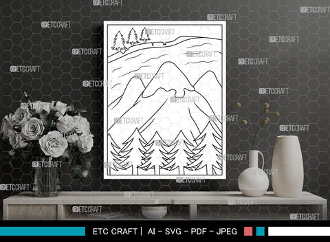 Mountains And River Printable Coloring Page, PDF Colouring Book, Instant Download, CBP00001 SVG ETC Craft 