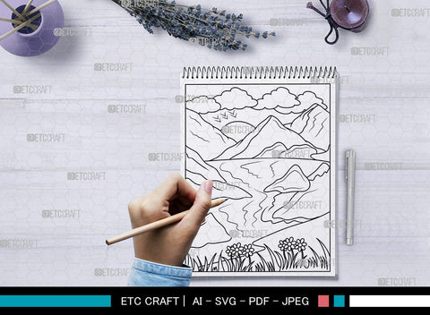 Mountains And River Printable Coloring Page, PDF Colouring Book, Instant Download, CBP00001 SVG ETC Craft 
