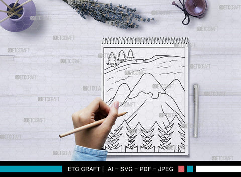 Mountains And River Printable Coloring Page, PDF Colouring Book, Instant Download, CBP00001 SVG ETC Craft 