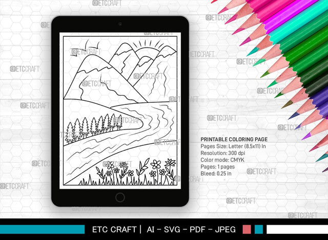 Mountains And River Printable Coloring Page, PDF Colouring Book, Instant Download, CBP00001 SVG ETC Craft 