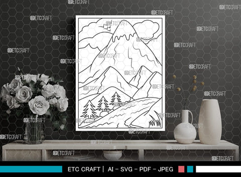 Mountains And River Printable Coloring Page, PDF Colouring Book, Instant Download, CBP00001 SVG ETC Craft 