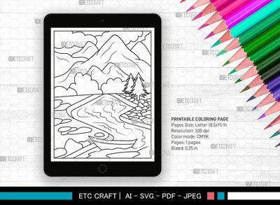Mountains And River Printable Coloring Page, PDF Colouring Book, Instant Download, CBP00001 SVG ETC Craft 