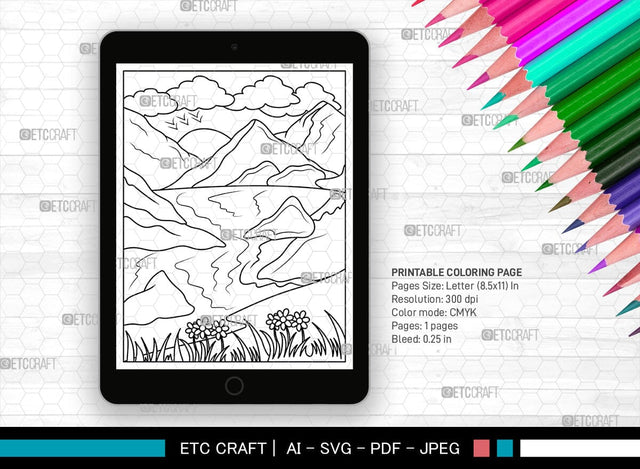 Mountains And River Printable Coloring Page, PDF Colouring Book, Instant Download, CBP00001 SVG ETC Craft 