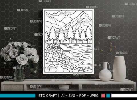 Mountains And River Printable Coloring Page, PDF Colouring Book, Instant Download, CBP00001 SVG ETC Craft 