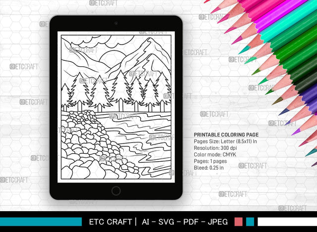Mountains And River Printable Coloring Page, PDF Colouring Book, Instant Download, CBP00001 SVG ETC Craft 
