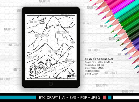 Mountains And River Printable Coloring Page, PDF Colouring Book, Instant Download, CBP00001 SVG ETC Craft 