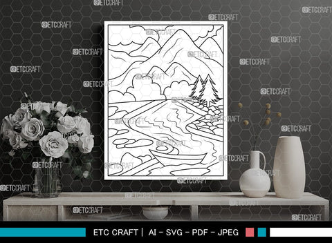 Mountains And River Printable Coloring Page, PDF Colouring Book, Instant Download, CBP00001 SVG ETC Craft 
