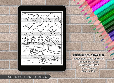 Mountains Behind House Printable Coloring Page Bundle, PDF Colouring Book, Instant Download, CBP00002 SVG ETC Craft 