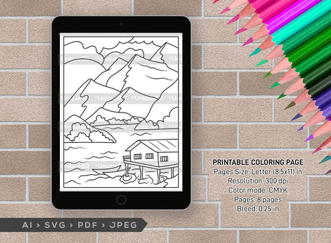Mountains Behind House Printable Coloring Page Bundle, PDF Colouring Book, Instant Download, CBP00002 SVG ETC Craft 