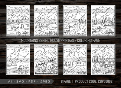 Mountains Behind House Printable Coloring Page Bundle, PDF Colouring Book, Instant Download, CBP00002 SVG ETC Craft 