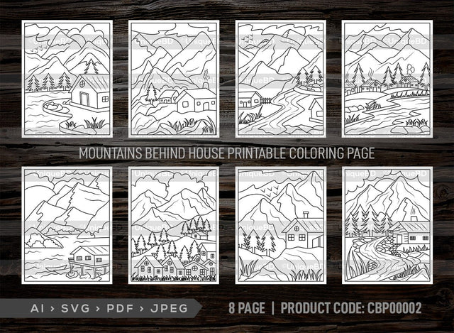 Mountains Behind House Printable Coloring Page Bundle, PDF Colouring Book, Instant Download, CBP00002 SVG ETC Craft 