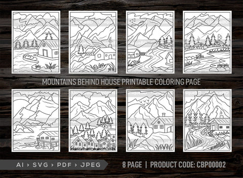 Mountains Behind House Printable Coloring Page Bundle, PDF Colouring Book, Instant Download, CBP00002 SVG ETC Craft 
