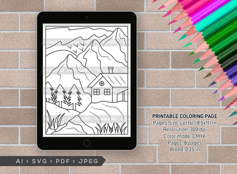Mountains Behind House Printable Coloring Page Bundle, PDF Colouring Book, Instant Download, CBP00002 SVG ETC Craft 