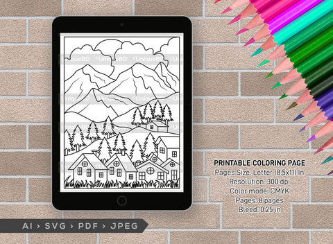 Mountains Behind House Printable Coloring Page Bundle, PDF Colouring Book, Instant Download, CBP00002 SVG ETC Craft 