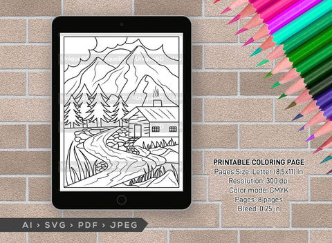 Mountains Behind House Printable Coloring Page Bundle, PDF Colouring Book, Instant Download, CBP00002 SVG ETC Craft 
