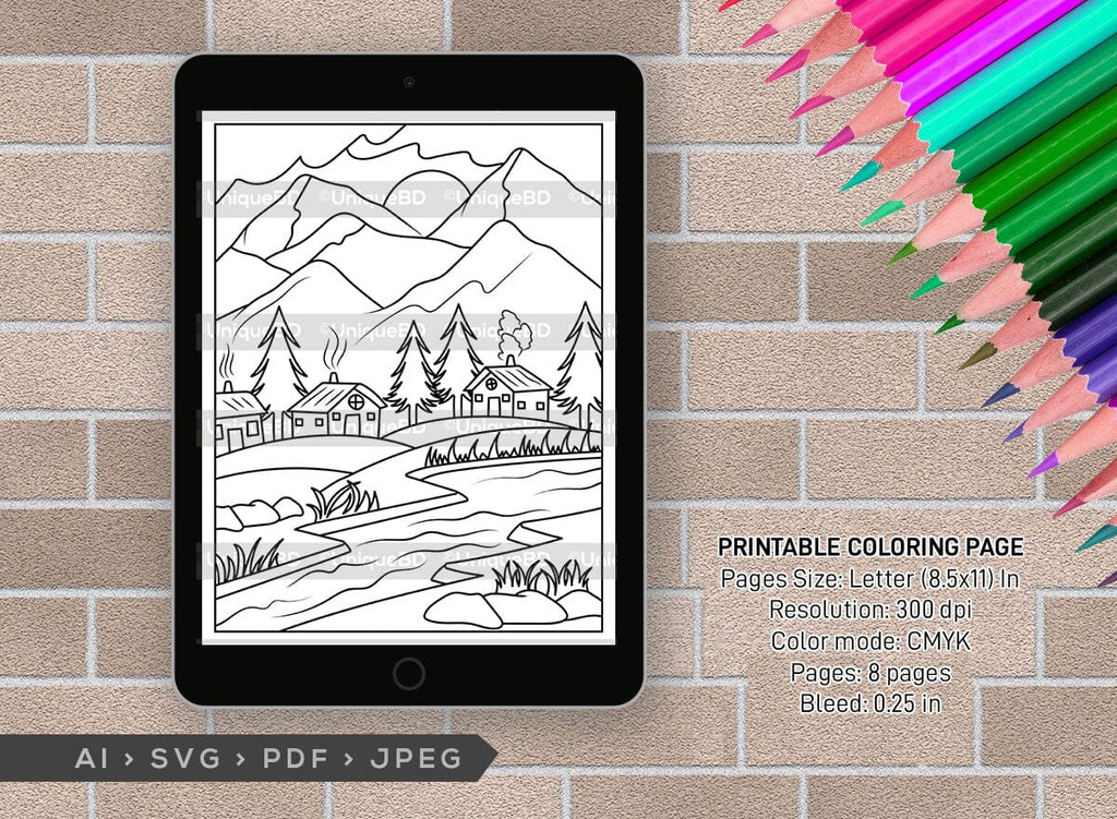 Mountains Behind House Printable Coloring Page Bundle, PDF Colouring ...