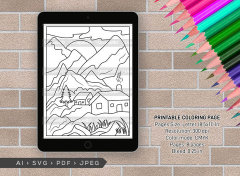 Mountains Behind House Printable Coloring Page Bundle, PDF Colouring Book, Instant Download, CBP00002 SVG ETC Craft 