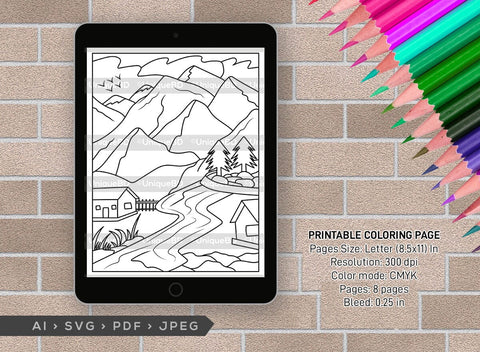 Mountains Behind House Printable Coloring Page Bundle, PDF Colouring Book, Instant Download, CBP00002 SVG ETC Craft 