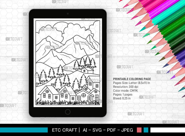 Mountains Behind House Printable Coloring Page, PDF Colouring Book, Instant Download, CBP00002 SVG ETC Craft 