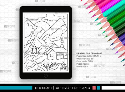 Mountains Behind House Printable Coloring Page, PDF Colouring Book, Instant Download, CBP00002 SVG ETC Craft 
