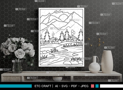 Mountains Behind House Printable Coloring Page, PDF Colouring Book, Instant Download, CBP00002 SVG ETC Craft 