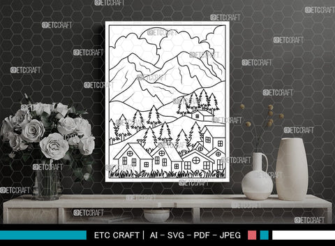 Mountains Behind House Printable Coloring Page, PDF Colouring Book, Instant Download, CBP00002 SVG ETC Craft 