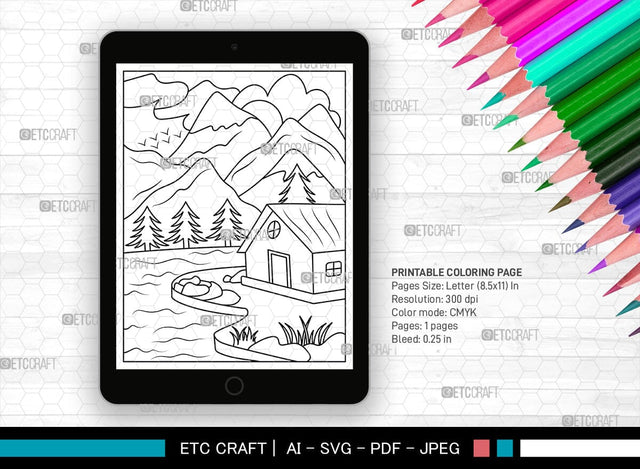 Mountains Behind House Printable Coloring Page, PDF Colouring Book, Instant Download, CBP00002 SVG ETC Craft 