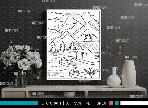 Mountains Behind House Printable Coloring Page, PDF Colouring Book, Instant Download, CBP00002 SVG ETC Craft 